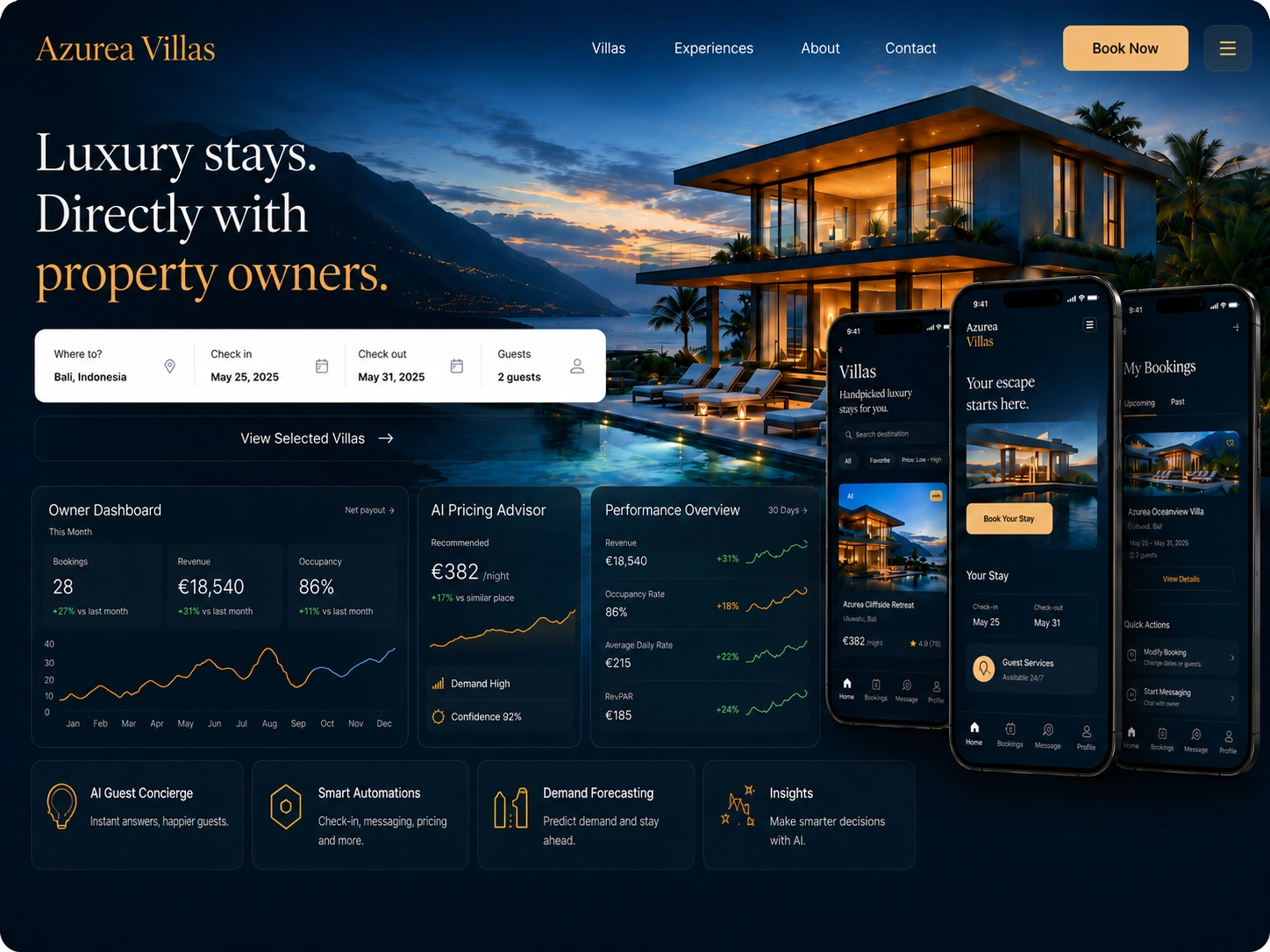 Premium digital product interfaces presented across web, desktop and mobile.
